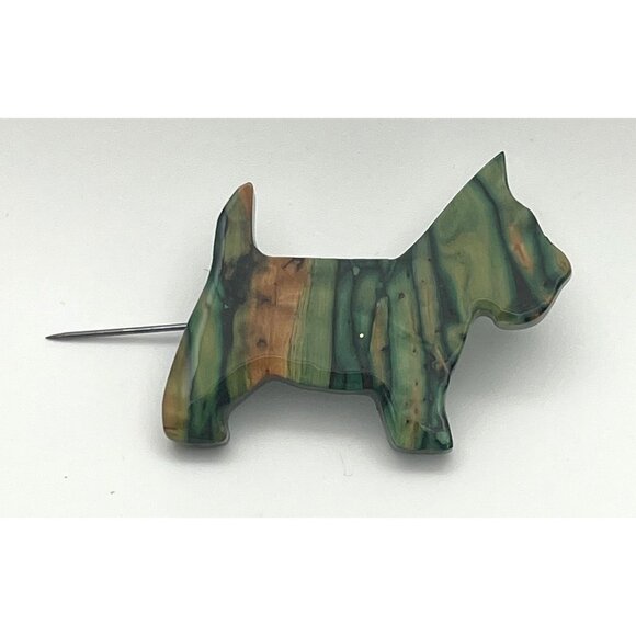 Heather Gems Scottish Terrier Dog Brooch Marbled Green & Brown Handmade Pin Jewe - Picture 3 of 6
